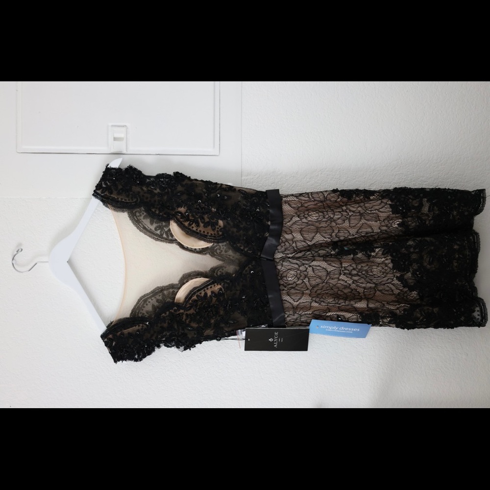 Alyce Paris Black and Nude Lace and Bead Cocktail Dress - Picture 3 of 6